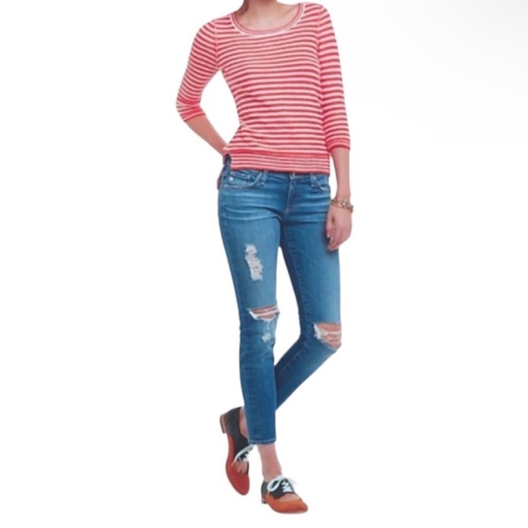 Anthropologie Nautical Top Small Striped 3/4 Sleeves Wide Neck Split Hem NWT - Picture 5 of 12